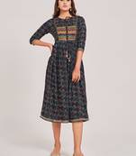 Navy-blue printed viscose rayon ethnic-kurtis