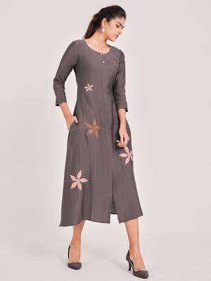 Brown plain viscose rayon long-dresses 1