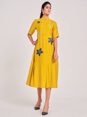 Yellow plain viscose rayon long-dresses 1
