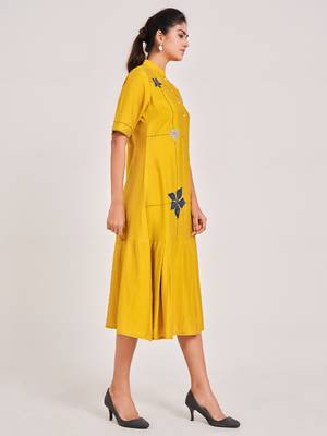 Yellow plain viscose rayon long-dresses 3