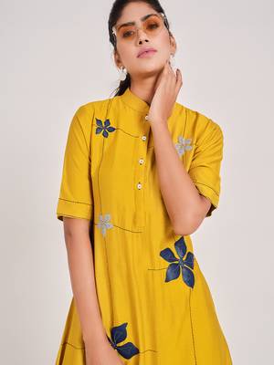 Yellow plain viscose rayon long-dresses 4
