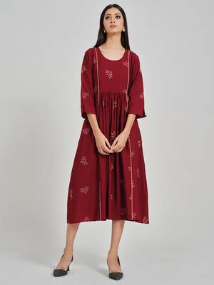 Maroon embroidered viscose rayon long-dresses 1
