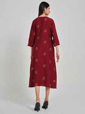 Maroon embroidered viscose rayon long-dresses 2