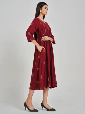 Maroon embroidered viscose rayon long-dresses 3