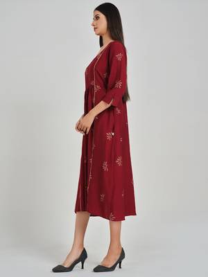 Maroon embroidered viscose rayon long-dresses 4