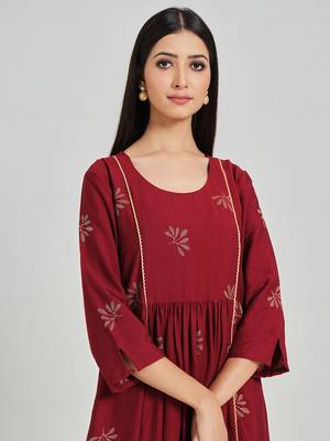 Maroon embroidered viscose rayon long-dresses 5