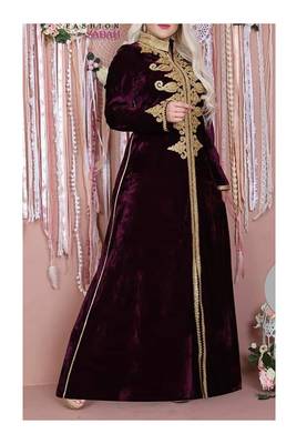 Maroon Velvet Moroccan Dubai Kaftans Farasha Abaya Very Fancy Long Gown Aari Wedding Dress 2