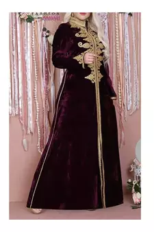 Maroon Velvet Moroccan Dubai Kaftans Farasha Abaya Very Fancy Long Gown Aari Wedding Dress
