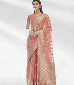 Pink woven organza saree with blouse