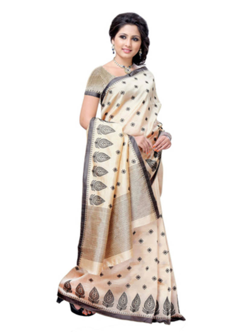 Cream Embroidered Artificial Silk Saree With Unstitched Blouse