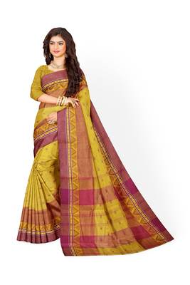 Yellow Pure Cotton Tant Handloom Saree 1