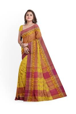 Yellow Pure Cotton Tant Handloom Saree 4