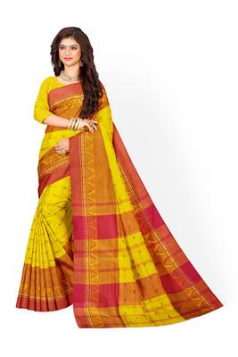 Yellow Pure Cotton Tant Handloom Saree 1