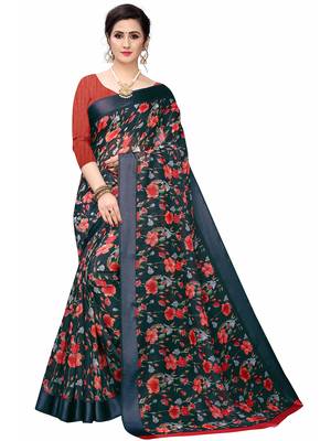 Blue Printed Cotton Saree With Blouse 1