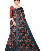 Blue Printed Cotton Saree With Blouse