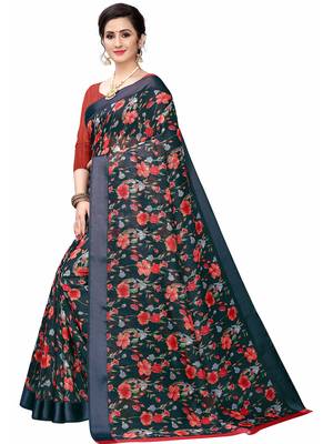 Blue Printed Cotton Saree With Blouse 2