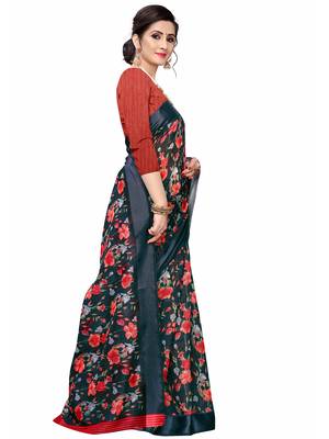 Blue Printed Cotton Saree With Blouse 3