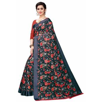 Blue Printed Cotton Saree With Blouse 5