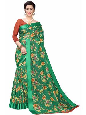 Green Printed Cotton Saree With Blouse 1