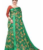 Green Printed Cotton Saree With Blouse
