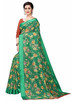 Green Printed Cotton Saree With Blouse 2