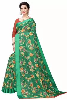 Green Printed Cotton Saree With Blouse
