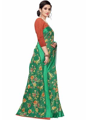 Green Printed Cotton Saree With Blouse 3
