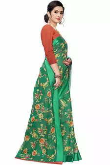 Green Printed Cotton Saree With Blouse