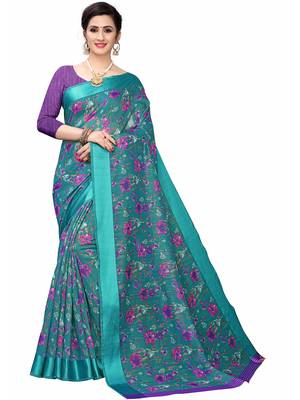 Turquoise Printed Cotton Saree With Blouse 1