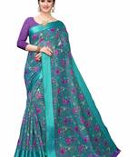 Turquoise Printed Cotton Saree With Blouse