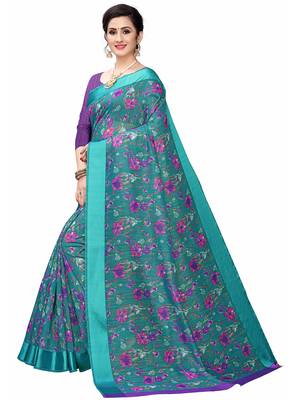 Turquoise Printed Cotton Saree With Blouse 2