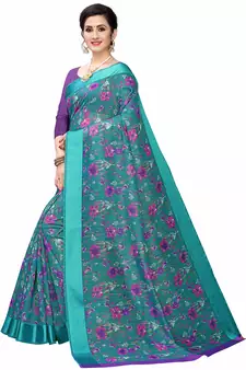 Turquoise Printed Cotton Saree With Blouse
