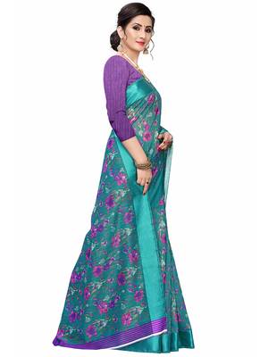 Turquoise Printed Cotton Saree With Blouse 3