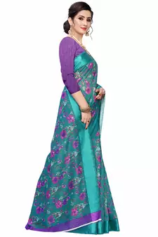 Turquoise Printed Cotton Saree With Blouse