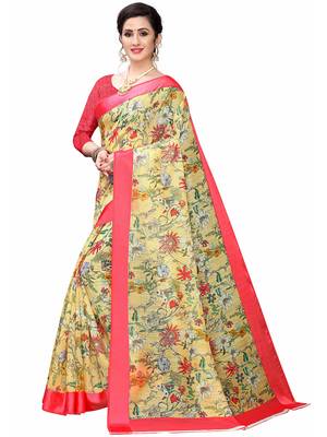 Yellow Printed Cotton Saree With Blouse 2