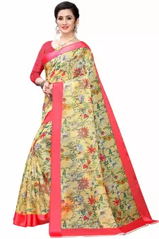 Yellow Printed Cotton Saree With Blouse