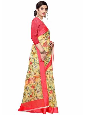 Yellow Printed Cotton Saree With Blouse 3