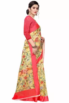 Yellow Printed Cotton Saree With Blouse