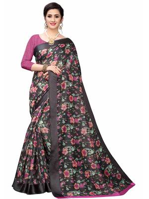 Black Printed Cotton Saree With Blouse 1