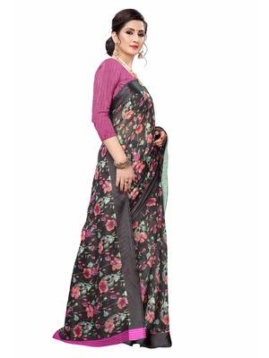 Black Printed Cotton Saree With Blouse 3