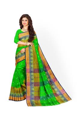 Green Pure Cotton Tant Handloom Saree 1