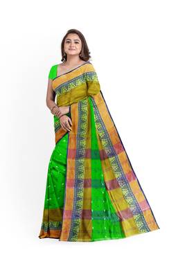 Green Pure Cotton Tant Handloom Saree 4
