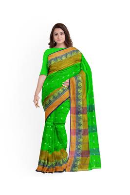 Green Pure Cotton Tant Handloom Saree 5