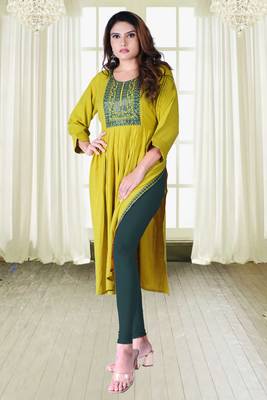 Yellow And Green Colour Rayon Two tone Embroidered Designer Flared Nyra Kurti 1