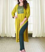 Yellow And Green Colour Rayon Two tone Embroidered Designer Flared Nyra Kurti