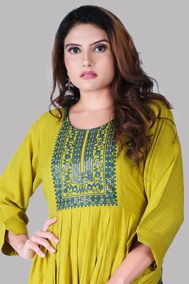 Yellow And Green Colour Rayon Two tone Embroidered Designer Flared Nyra Kurti 2