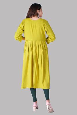 Yellow And Green Colour Rayon Two tone Embroidered Designer Flared Nyra Kurti 3