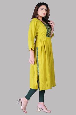 Yellow And Green Colour Rayon Two tone Embroidered Designer Flared Nyra Kurti 4
