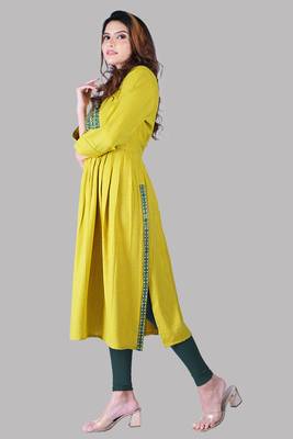 Yellow And Green Colour Rayon Two tone Embroidered Designer Flared Nyra Kurti 5