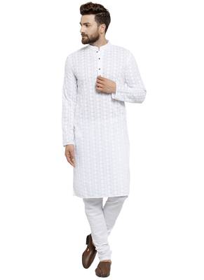 White embroidered cotton kurta-pajama 1